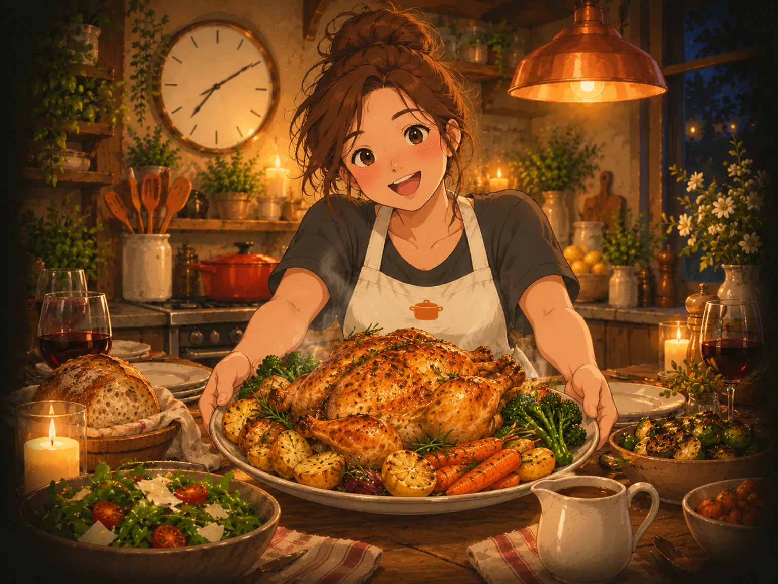 ServingClock's cheerful cooking mascot serving a golden roast with potatoes and vegetables in a cosy kitchen